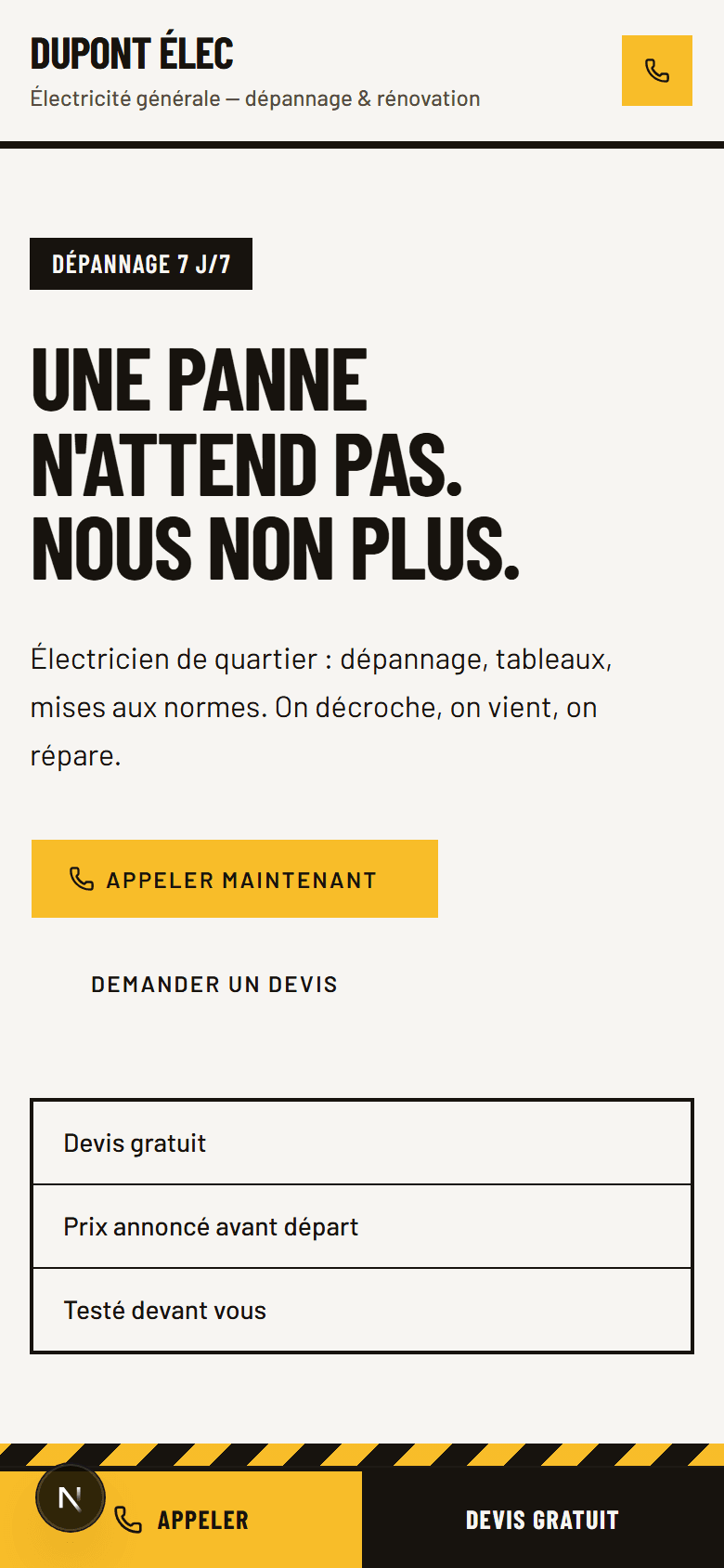 Aperçu mobile du modèle Artisan Urgence