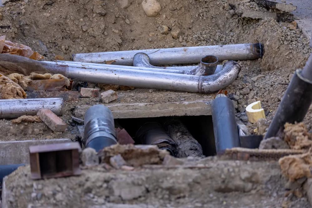 Conduites et raccords visibles dans une excavation urbaine, avant remise en place des terres.
